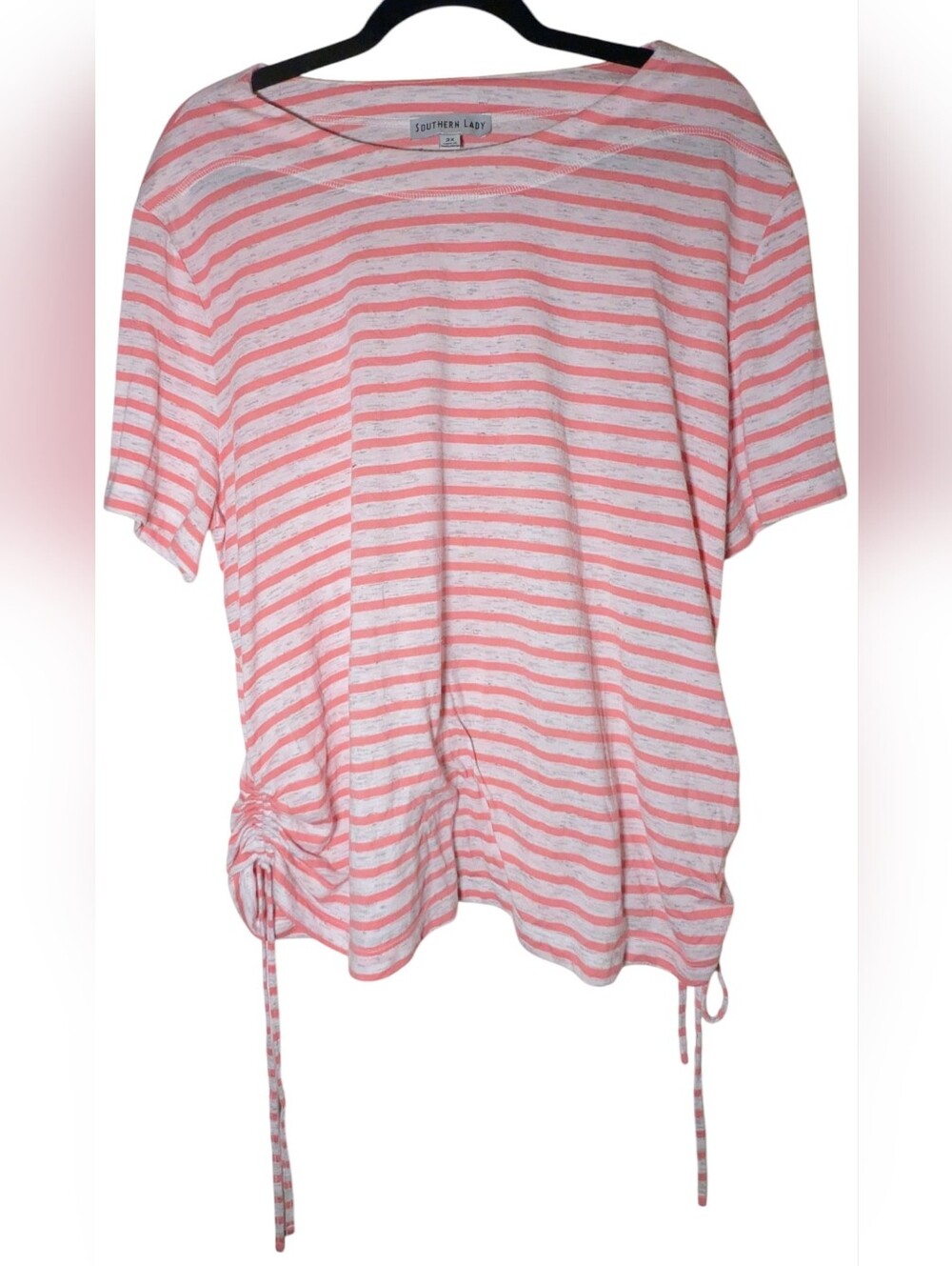 Southern Lady Plus Size 2X Pink Heathered Grey Striped Ruched Side Tie Top EUC